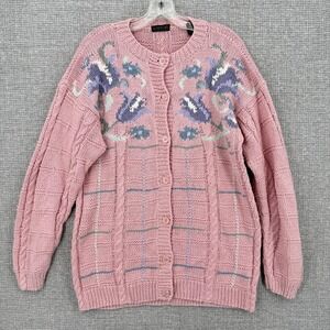 ROBINSON'S Sweater Cardigan Womens M Pink Floral Cable-Knit Button Long Sleeve
